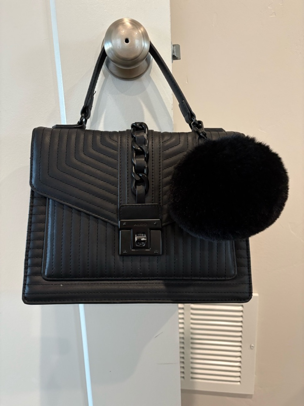 Aldo Black Quilted Satchel with Pom-Pom Charm